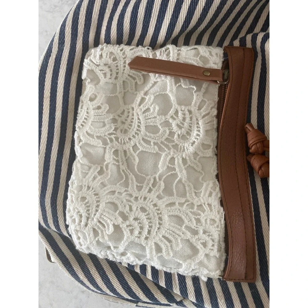 Madden Girl Striped Canvas Backpack Blue White Lace Brown Faux‎ Leather Boho Bag